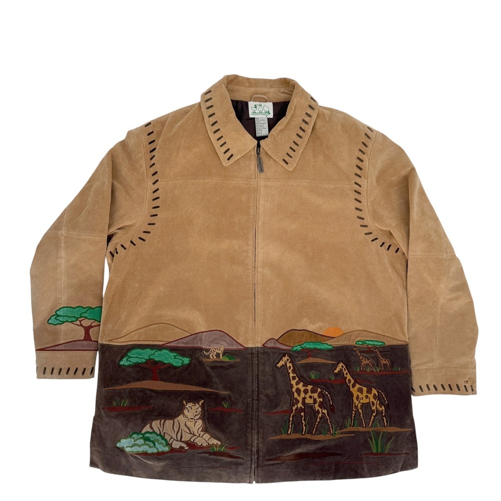 Quacker‎ Factory Safari Jacket Suede Leather Women Plus 1X Vintage 90s Giraffe